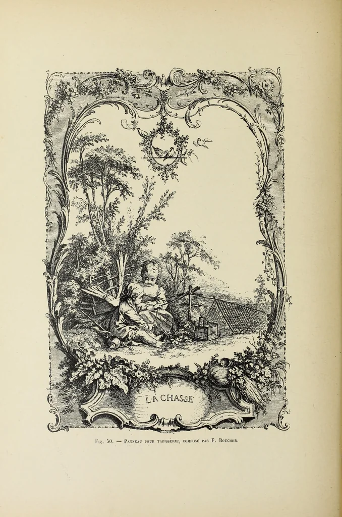 An illustration from Architecture, décoration et ameublement pendant le dix-huitième siècle, Régence - Louis XV. Symétrie et asymétrie proportions légères et courbes capricieuses, 1900, leaf 45