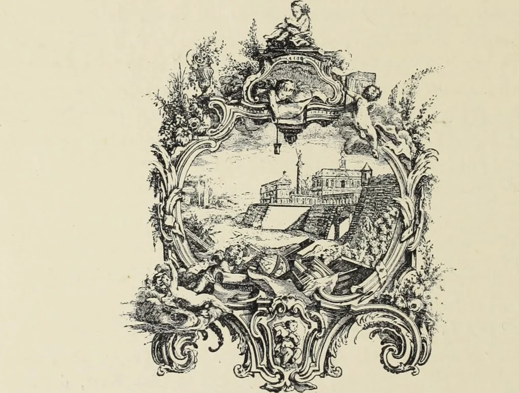 An illustration from Architecture, décoration et ameublement pendant le dix-huitième siècle, Régence - Louis XV. Symétrie et asymétrie proportions légères et courbes capricieuses, 1900, leaf 47