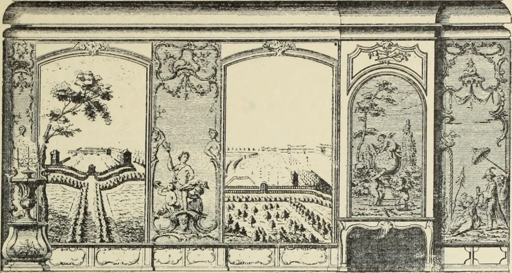An illustration from Architecture, décoration et ameublement pendant le dix-huitième siècle, Régence - Louis XV. Symétrie et asymétrie proportions légères et courbes capricieuses, 1900, leaf 48