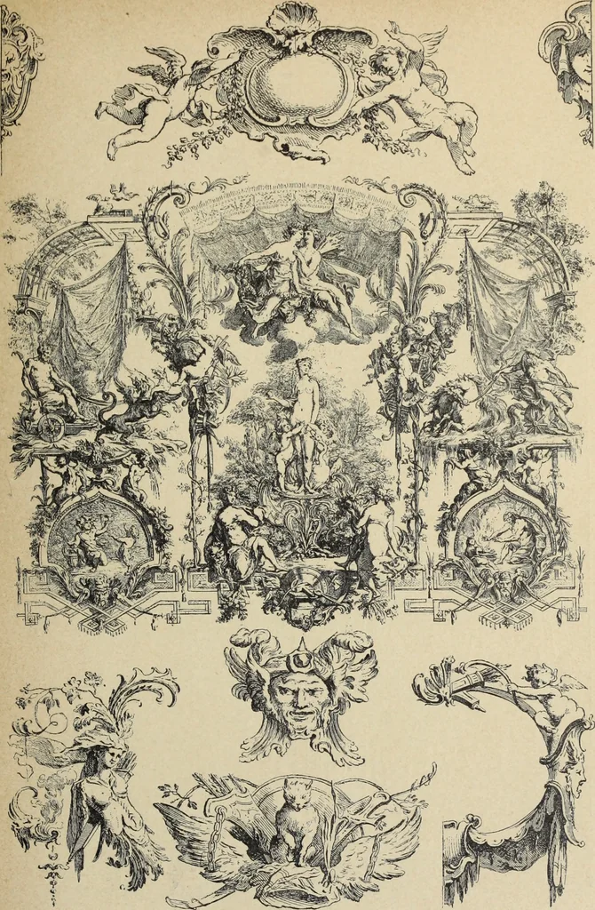 An illustration from Architecture, décoration et ameublement pendant le dix-huitième siècle, Régence - Louis XV. Symétrie et asymétrie proportions légères et courbes capricieuses, 1900, leaf 66