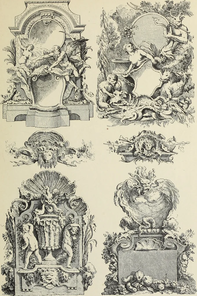 An illustration from Architecture, décoration et ameublement pendant le dix-huitième siècle, Régence - Louis XV. Symétrie et asymétrie proportions légères et courbes capricieuses, 1900, leaf 68