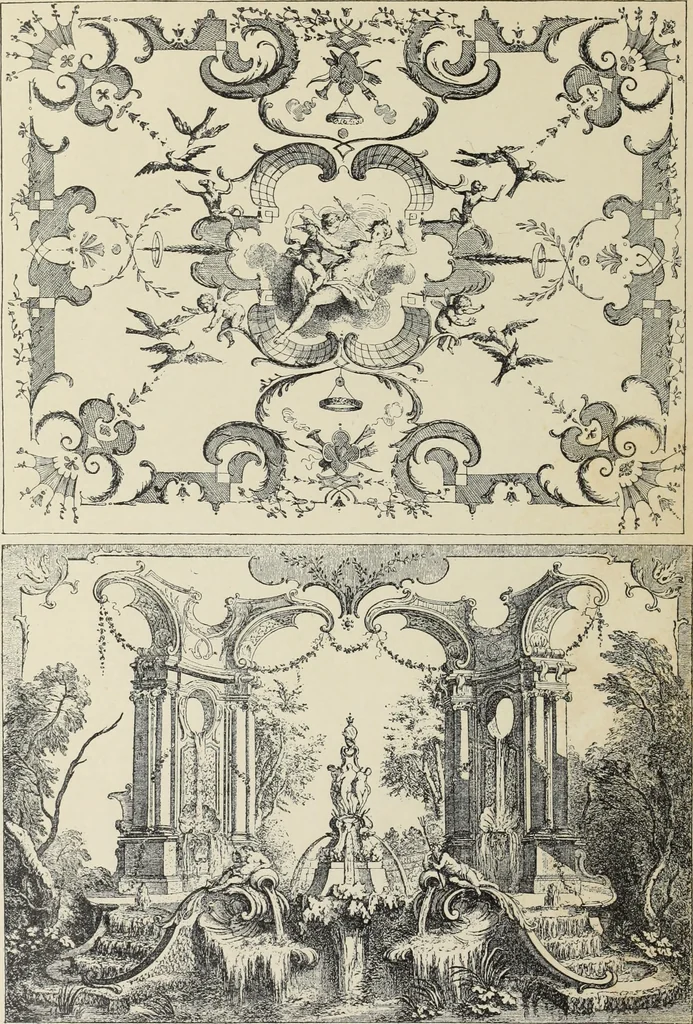 An illustration from Architecture, décoration et ameublement pendant le dix-huitième siècle, Régence - Louis XV. Symétrie et asymétrie proportions légères et courbes capricieuses, 1900, leaf 71
