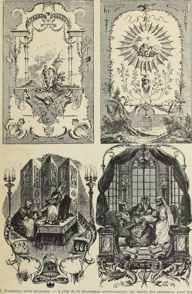 An illustration from Architecture, décoration et ameublement pendant le dix-huitième siècle, Régence - Louis XV. Symétrie et asymétrie proportions légères et courbes capricieuses, 1900, leaf 72