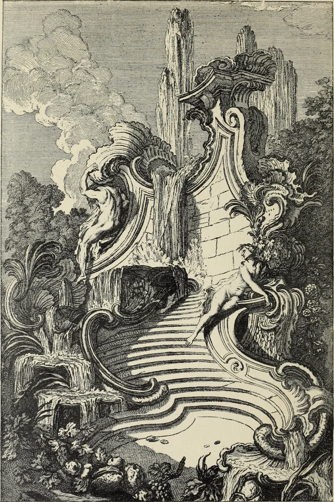 An illustration from Architecture, décoration et ameublement pendant le dix-huitième siècle, Régence - Louis XV. Symétrie et asymétrie proportions légères et courbes capricieuses, 1900, leaf 73