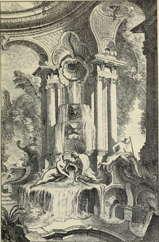 An illustration from Architecture, décoration et ameublement pendant le dix-huitième siècle, Régence - Louis XV. Symétrie et asymétrie proportions légères et courbes capricieuses, 1900, leaf 74