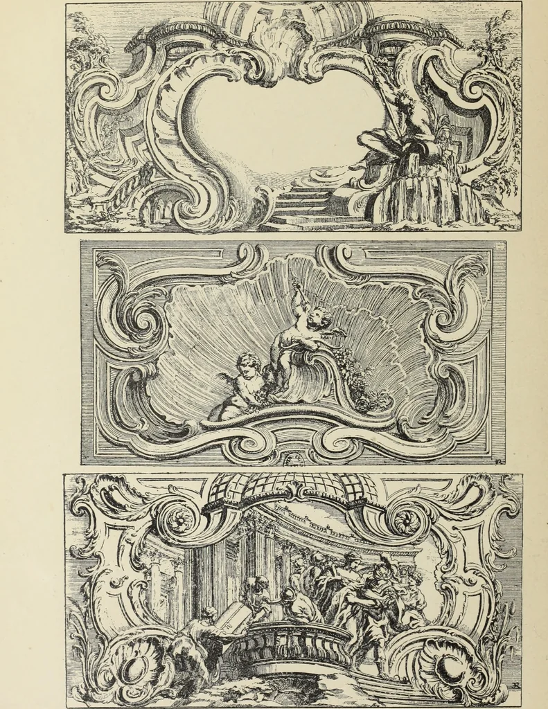 An illustration from Architecture, décoration et ameublement pendant le dix-huitième siècle, Régence - Louis XV. Symétrie et asymétrie proportions légères et courbes capricieuses, 1900, leaf 75