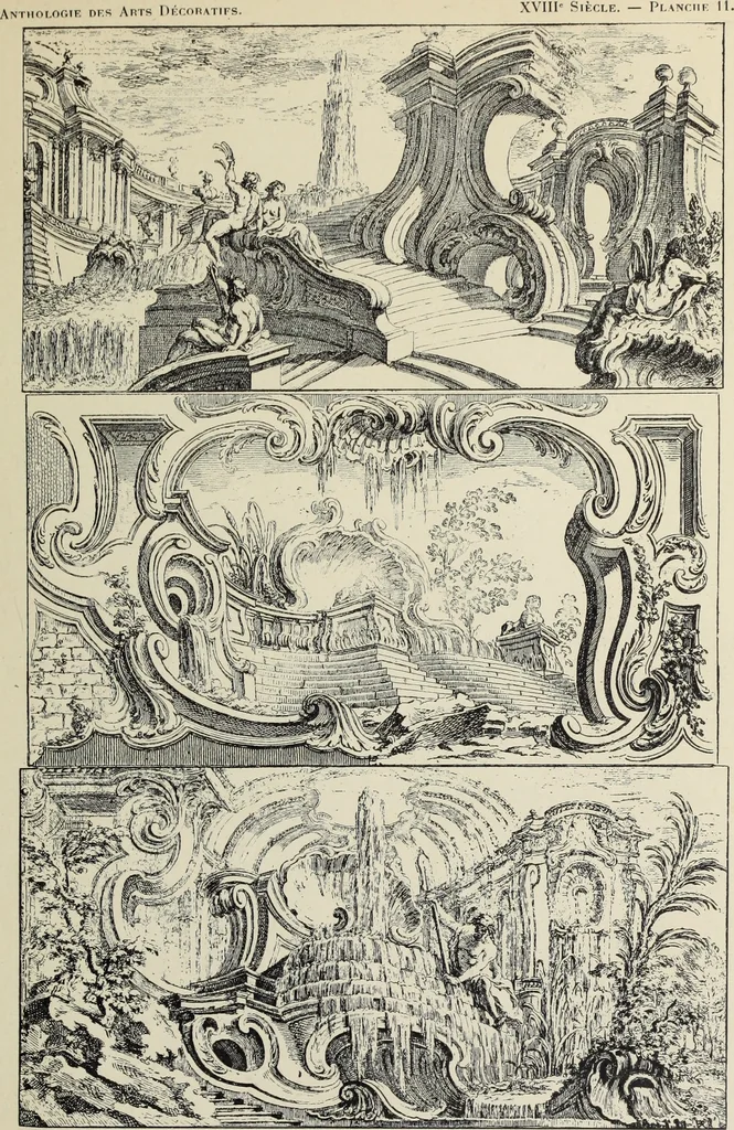 An illustration from Architecture, décoration et ameublement pendant le dix-huitième siècle, Régence - Louis XV. Symétrie et asymétrie proportions légères et courbes capricieuses, 1900, leaf 76