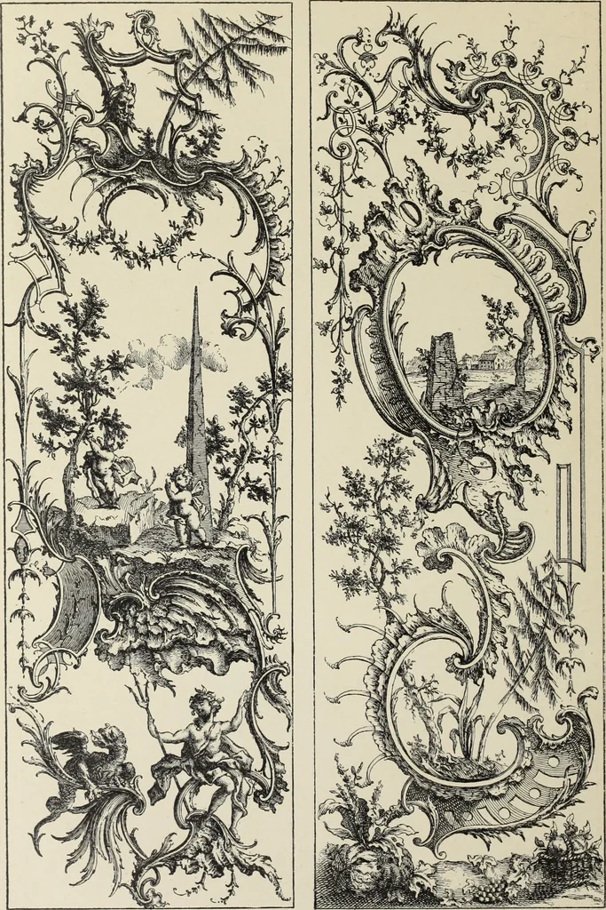 An illustration from Architecture, décoration et ameublement pendant le dix-huitième siècle, Régence - Louis XV. Symétrie et asymétrie proportions légères et courbes capricieuses, 1900, leaf 77
