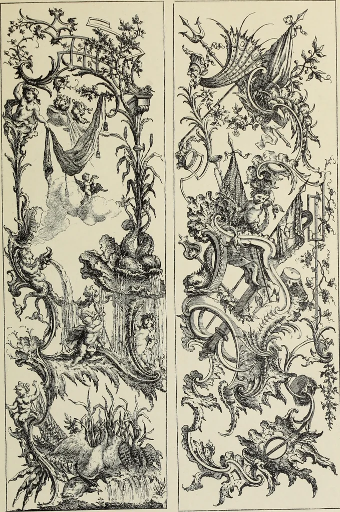 An illustration from Architecture, décoration et ameublement pendant le dix-huitième siècle, Régence - Louis XV. Symétrie et asymétrie proportions légères et courbes capricieuses, 1900, leaf 78