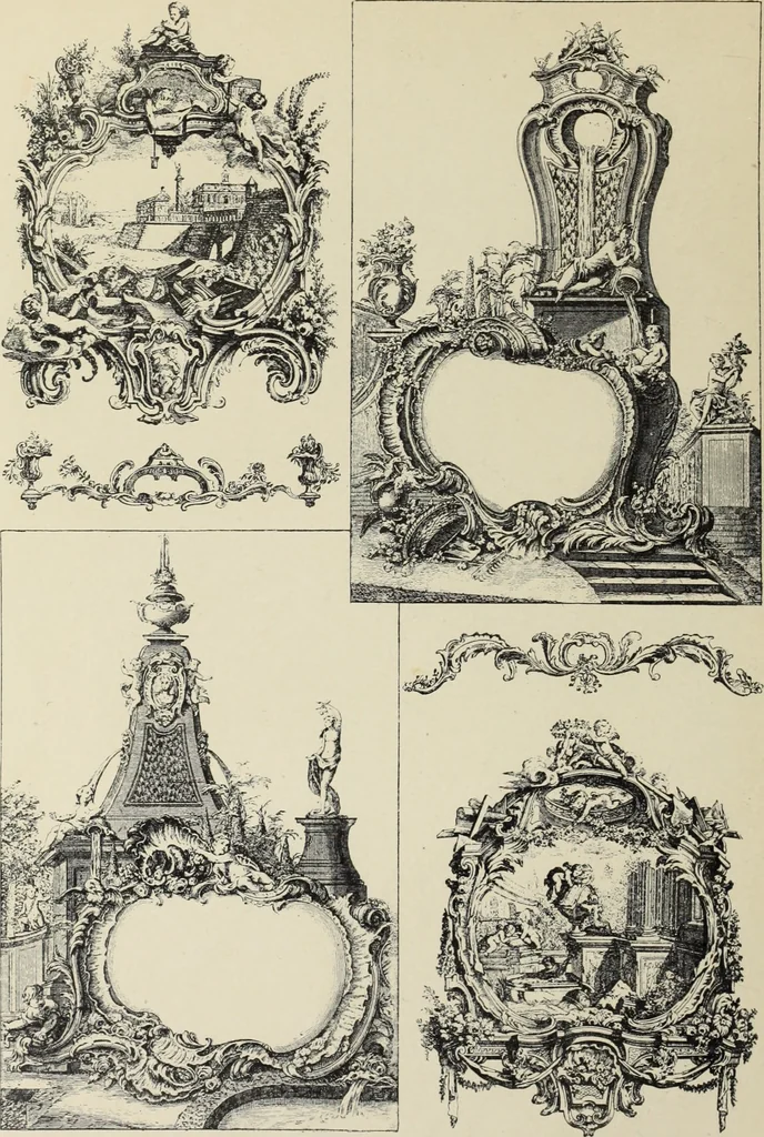 An illustration from Architecture, décoration et ameublement pendant le dix-huitième siècle, Régence - Louis XV. Symétrie et asymétrie proportions légères et courbes capricieuses, 1900, leaf 81