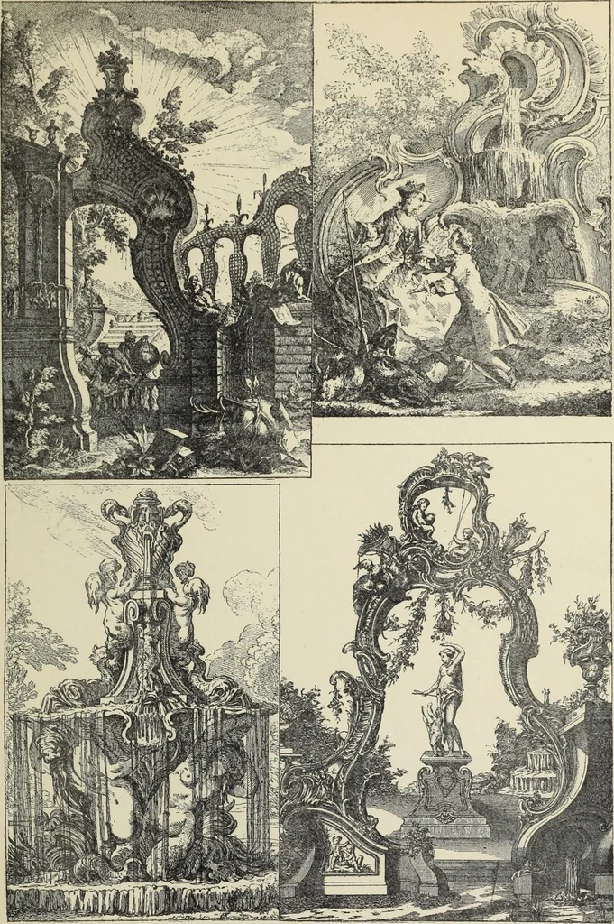 An illustration from Architecture, décoration et ameublement pendant le dix-huitième siècle, Régence - Louis XV. Symétrie et asymétrie proportions légères et courbes capricieuses, 1900, leaf 82