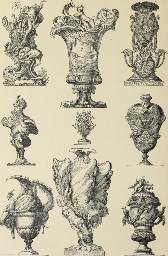 An illustration from Architecture, décoration et ameublement pendant le dix-huitième siècle, Régence - Louis XV. Symétrie et asymétrie proportions légères et courbes capricieuses, 1900, leaf 85