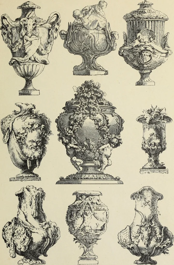 An illustration from Architecture, décoration et ameublement pendant le dix-huitième siècle, Régence - Louis XV. Symétrie et asymétrie proportions légères et courbes capricieuses, 1900, leaf 86