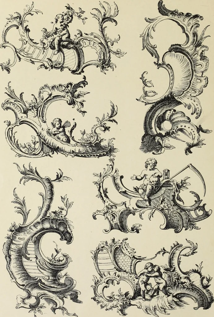 An illustration from Architecture, décoration et ameublement pendant le dix-huitième siècle, Régence - Louis XV. Symétrie et asymétrie proportions légères et courbes capricieuses, 1900, leaf 87