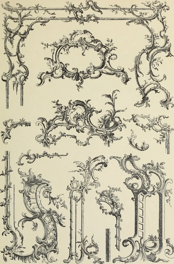 An illustration from Architecture, décoration et ameublement pendant le dix-huitième siècle, Régence - Louis XV. Symétrie et asymétrie proportions légères et courbes capricieuses, 1900, leaf 88