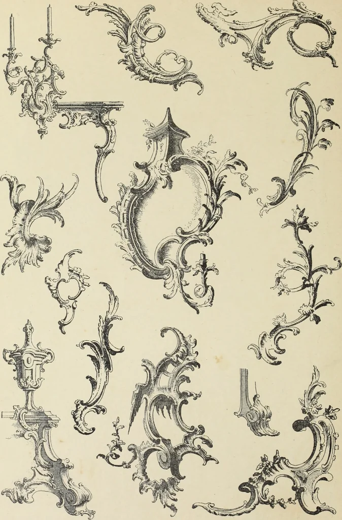 An illustration from Architecture, décoration et ameublement pendant le dix-huitième siècle, Régence - Louis XV. Symétrie et asymétrie proportions légères et courbes capricieuses, 1900, leaf 89