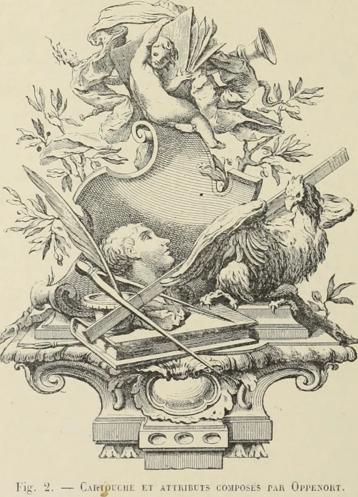 An illustration from Architecture, décoration et ameublement pendant le dix-huitième siècle, Régence - Louis XV. Symétrie et asymétrie proportions légères et courbes capricieuses, 1900, leaf 9