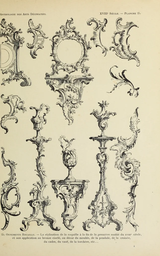 An illustration from Architecture, décoration et ameublement pendant le dix-huitième siècle, Régence - Louis XV. Symétrie et asymétrie proportions légères et courbes capricieuses, 1900, leaf 90