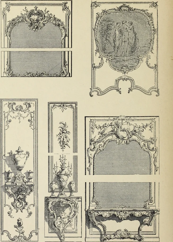 An illustration from Architecture, décoration et ameublement pendant le dix-huitième siècle, Régence - Louis XV. Symétrie et asymétrie proportions légères et courbes capricieuses, 1900, leaf 91