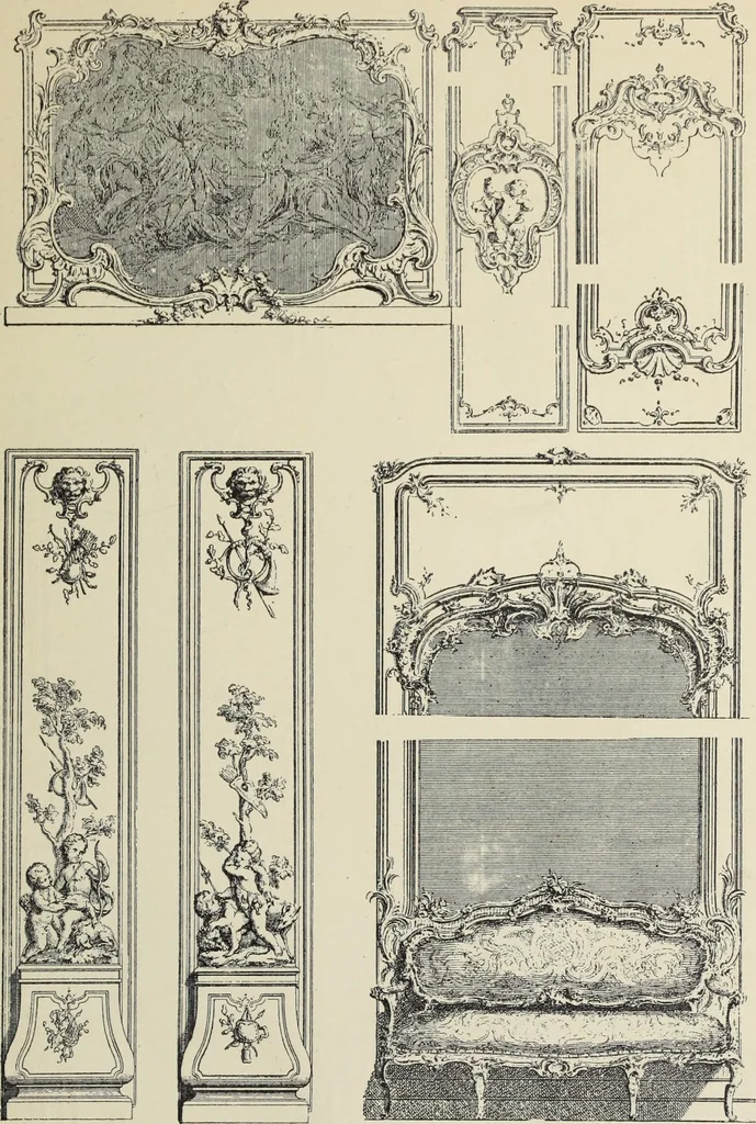 An illustration from Architecture, décoration et ameublement pendant le dix-huitième siècle, Régence - Louis XV. Symétrie et asymétrie proportions légères et courbes capricieuses, 1900, leaf 92