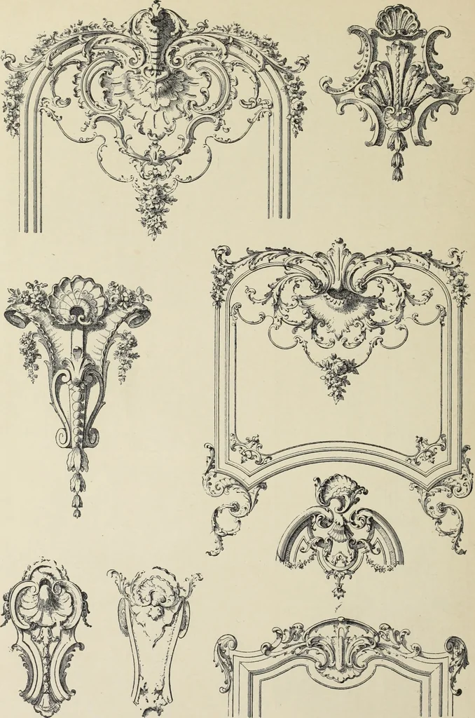 An illustration from Architecture, décoration et ameublement pendant le dix-huitième siècle, Régence - Louis XV. Symétrie et asymétrie proportions légères et courbes capricieuses, 1900, leaf 93