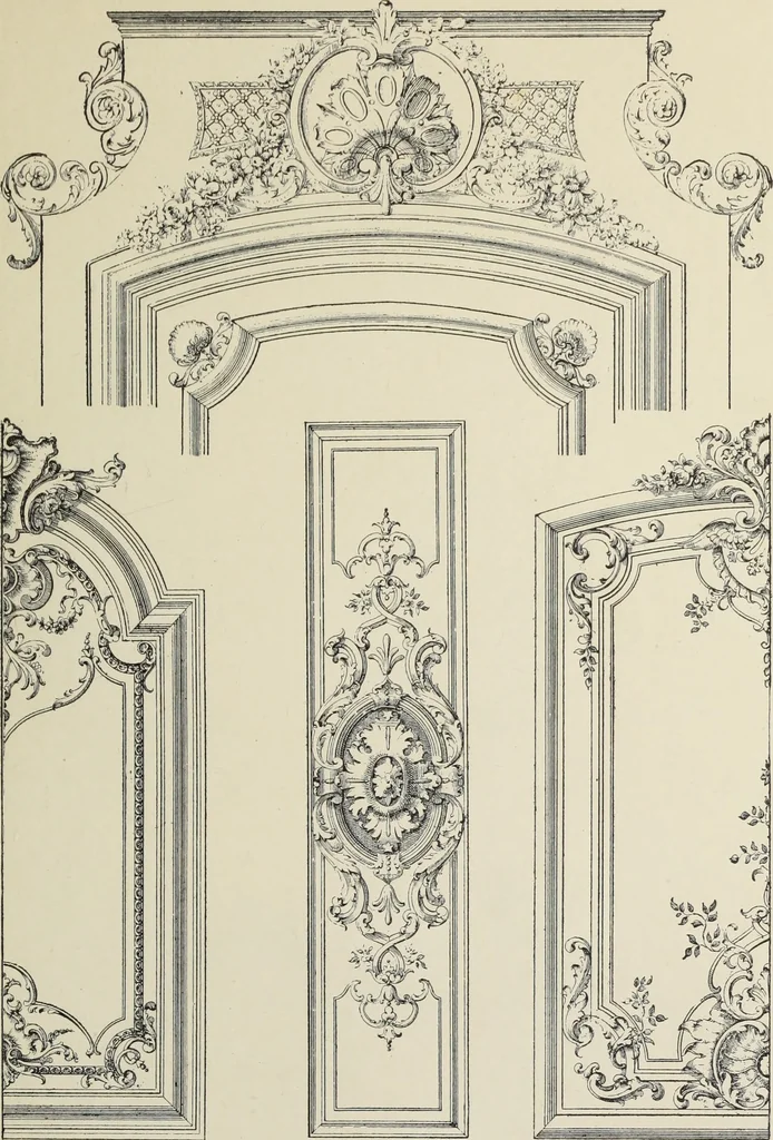An illustration from Architecture, décoration et ameublement pendant le dix-huitième siècle, Régence - Louis XV. Symétrie et asymétrie proportions légères et courbes capricieuses, 1900, leaf 94