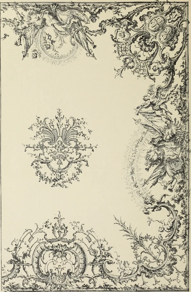 An illustration from Architecture, décoration et ameublement pendant le dix-huitième siècle, Régence - Louis XV. Symétrie et asymétrie proportions légères et courbes capricieuses, 1900, leaf 95