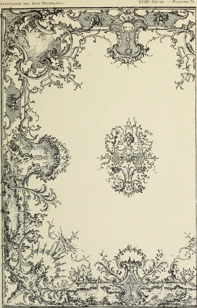 An illustration from Architecture, décoration et ameublement pendant le dix-huitième siècle, Régence - Louis XV. Symétrie et asymétrie proportions légères et courbes capricieuses, 1900, leaf 96