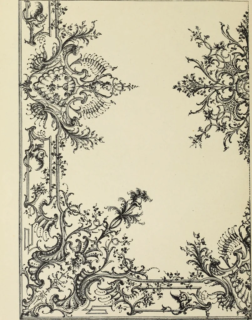 An illustration from Architecture, décoration et ameublement pendant le dix-huitième siècle, Régence - Louis XV. Symétrie et asymétrie proportions légères et courbes capricieuses, 1900, leaf 97