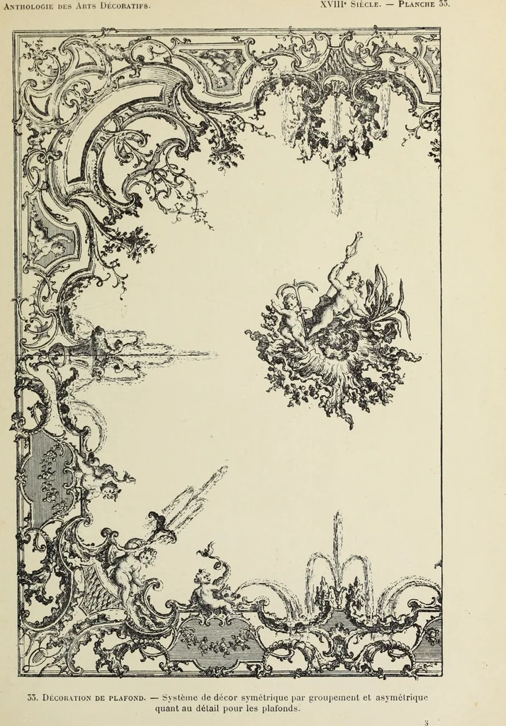 An illustration from Architecture, décoration et ameublement pendant le dix-huitième siècle, Régence - Louis XV. Symétrie et asymétrie proportions légères et courbes capricieuses, 1900, leaf 98