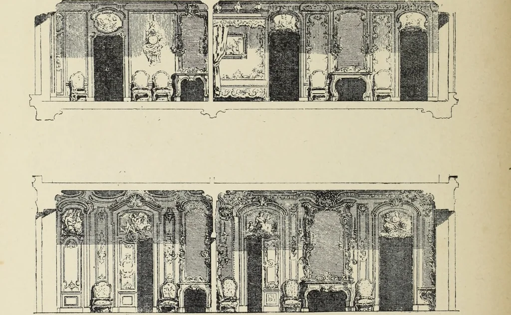An illustration from Architecture, décoration et ameublement pendant le dix-huitième siècle, Régence - Louis XV. Symétrie et asymétrie proportions légères et courbes capricieuses, 1900, leaf 99