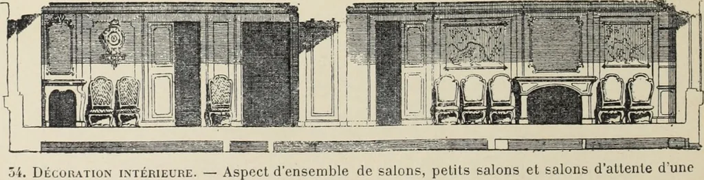 An illustration from Architecture, décoration et ameublement pendant le dix-huitième siècle, Régence - Louis XV. Symétrie et asymétrie proportions légères et courbes capricieuses, 1900, leaf 99
