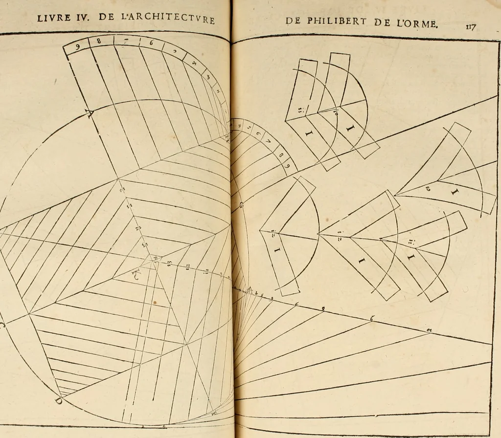 An illustration from Architecture de Philibert de l'Orme ... : uure entiere contenant onze livres, augmentée de deux, & autres figures non encores veuës, tant pour desseins qu'ornemens de maisons : avec vne belle inuention pour bien bastir, & à petits fraiz .., 1626, leaf 233