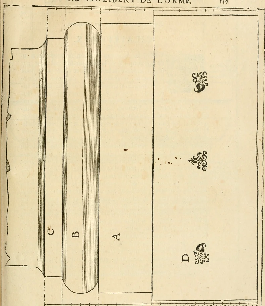 An illustration from Architecture de Philibert de l'Orme ... : uure entiere contenant onze livres, augmentée de deux, & autres figures non encores veuës, tant pour desseins qu'ornemens de maisons : avec vne belle inuention pour bien bastir, & à petits fraiz .., 1626, leaf 284