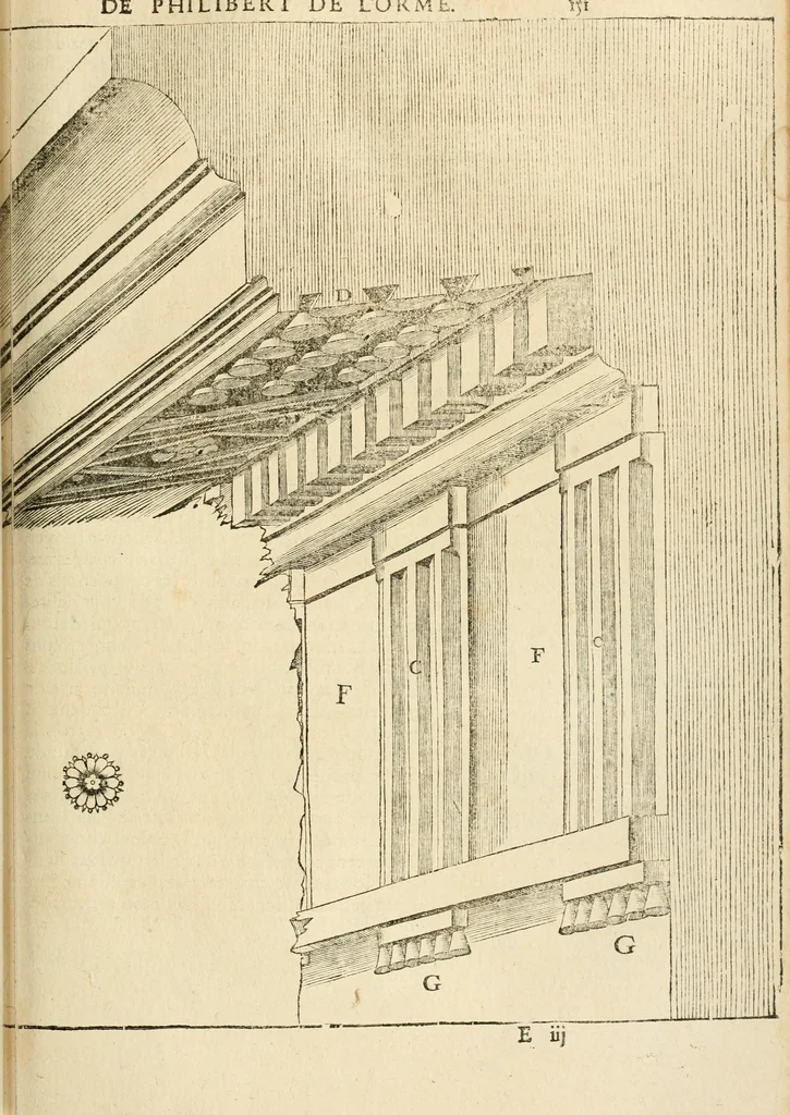An illustration from Architecture de Philibert de l'Orme ... : uure entiere contenant onze livres, augmentée de deux, & autres figures non encores veuës, tant pour desseins qu'ornemens de maisons : avec vne belle inuention pour bien bastir, & à petits fraiz .., 1626, leaf 308