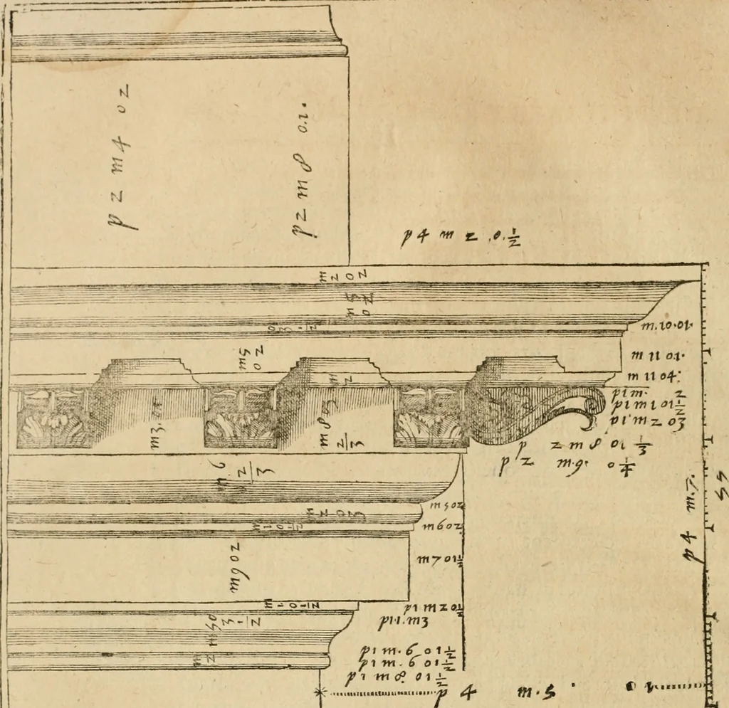 An illustration from Architecture de Philibert de l'Orme ... : uure entiere contenant onze livres, augmentée de deux, & autres figures non encores veuës, tant pour desseins qu'ornemens de maisons : avec vne belle inuention pour bien bastir, & à petits fraiz .., 1626, leaf 373