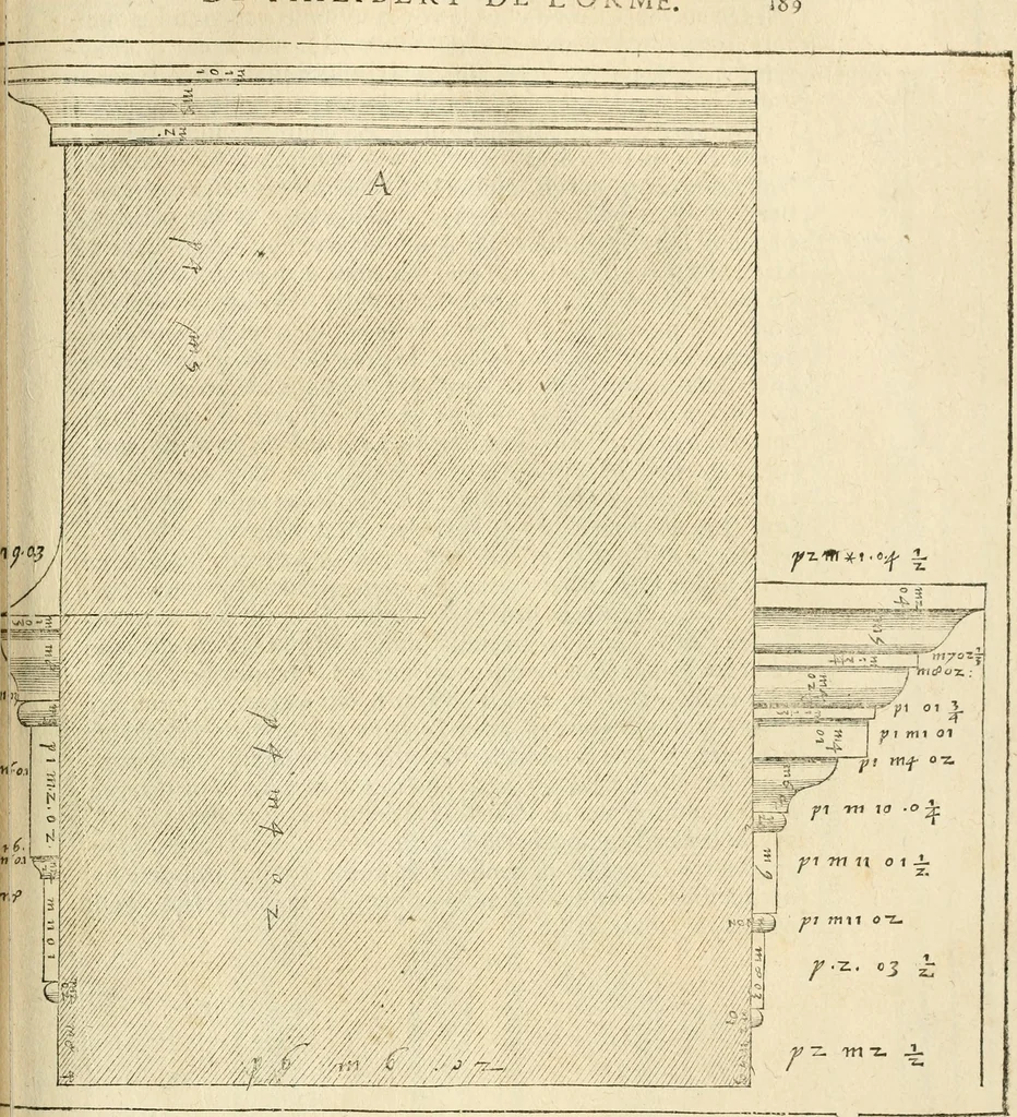 An illustration from Architecture de Philibert de l'Orme ... : uure entiere contenant onze livres, augmentée de deux, & autres figures non encores veuës, tant pour desseins qu'ornemens de maisons : avec vne belle inuention pour bien bastir, & à petits fraiz .., 1626, leaf 384