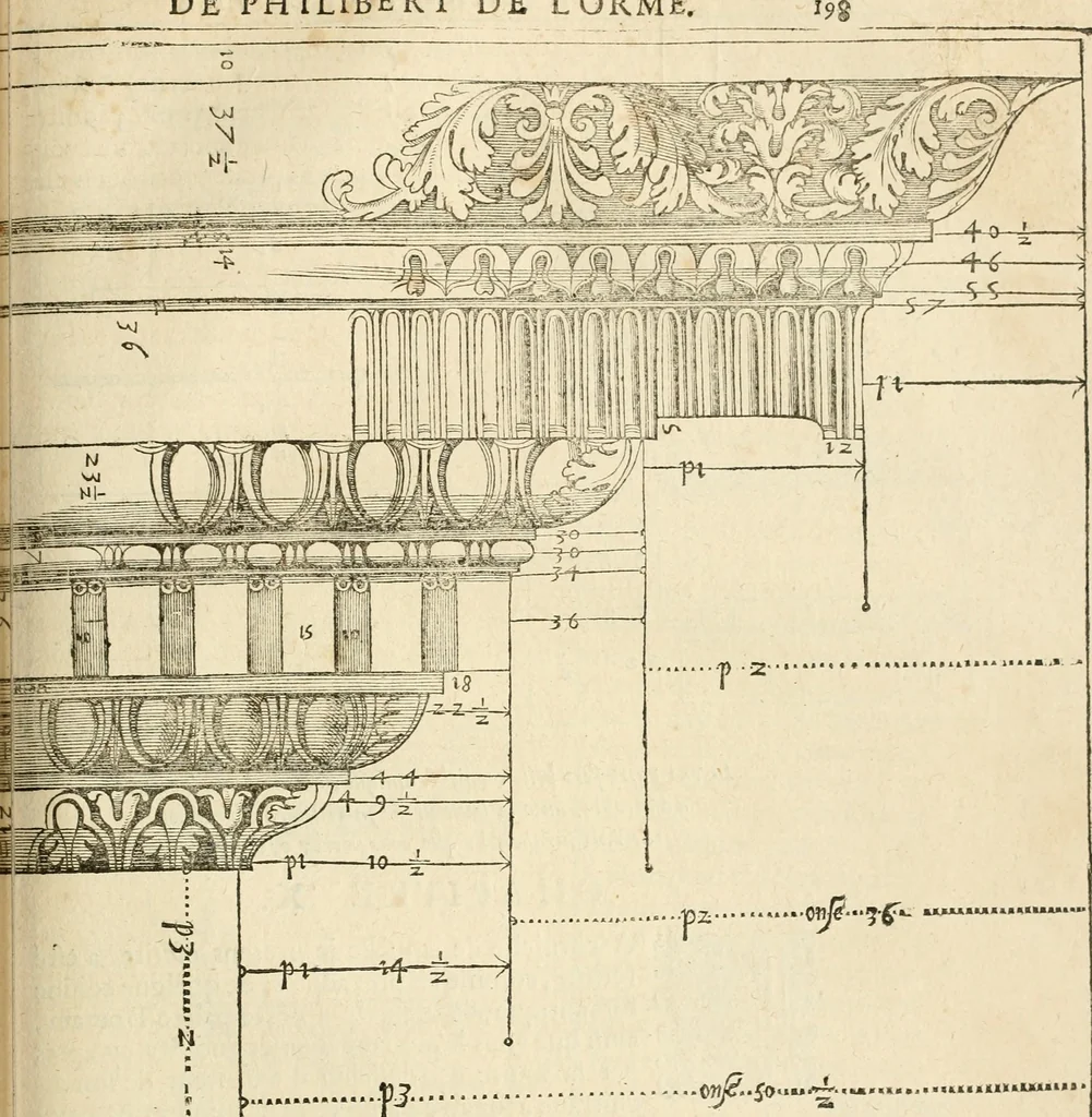 An illustration from Architecture de Philibert de l'Orme ... : uure entiere contenant onze livres, augmentée de deux, & autres figures non encores veuës, tant pour desseins qu'ornemens de maisons : avec vne belle inuention pour bien bastir, & à petits fraiz .., 1626, leaf 402