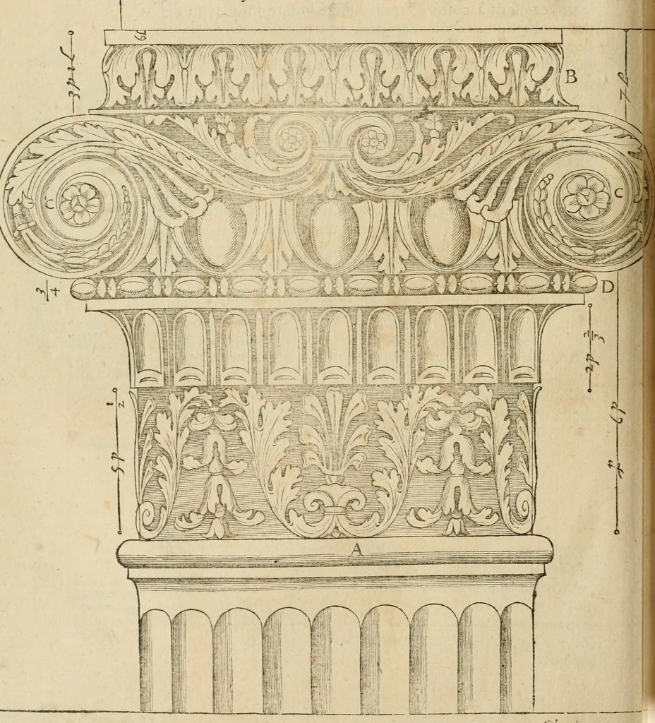 An illustration from Architecture de Philibert de l'Orme ... : uure entiere contenant onze livres, augmentée de deux, & autres figures non encores veuës, tant pour desseins qu'ornemens de maisons : avec vne belle inuention pour bien bastir, & à petits fraiz .., 1626, leaf 423