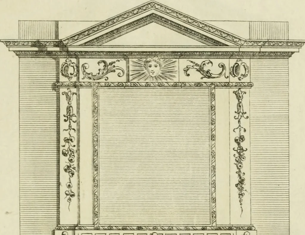 An illustration from Architecture improved, in a collection of modern, elegant and useful designs : from slight and graceful recesses, lodges and other decorations in parks, gardens, woods or forests, to the portico, bath, observatory, and interior ornaments of superb buildings : with great variety of rich embellishments for chimneys in the taste of Inigo Jones, Mr. Kent, &c. : all curiously engraved on fifty copper-plates, octavo, 1755, leaf 100