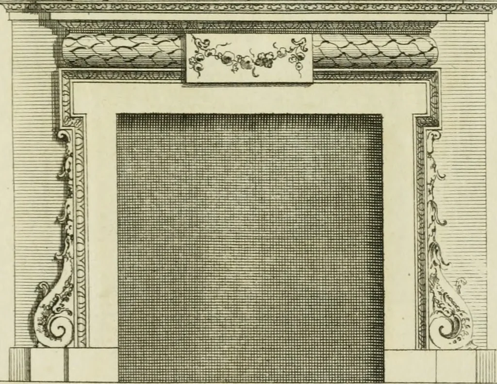 An illustration from Architecture improved, in a collection of modern, elegant and useful designs : from slight and graceful recesses, lodges and other decorations in parks, gardens, woods or forests, to the portico, bath, observatory, and interior ornaments of superb buildings : with great variety of rich embellishments for chimneys in the taste of Inigo Jones, Mr. Kent, &c. : all curiously engraved on fifty copper-plates, octavo, 1755, leaf 100