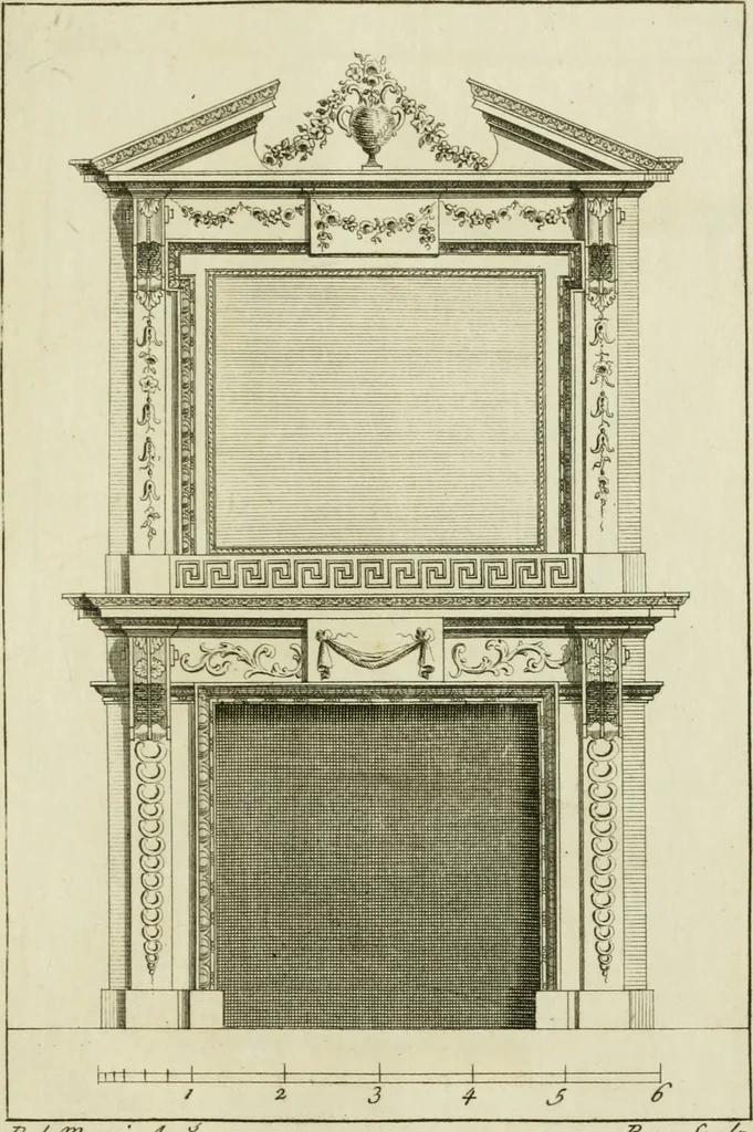 An illustration from Architecture improved, in a collection of modern, elegant and useful designs : from slight and graceful recesses, lodges and other decorations in parks, gardens, woods or forests, to the portico, bath, observatory, and interior ornaments of superb buildings : with great variety of rich embellishments for chimneys in the taste of Inigo Jones, Mr. Kent, &c. : all curiously engraved on fifty copper-plates, octavo, 1755, leaf 102