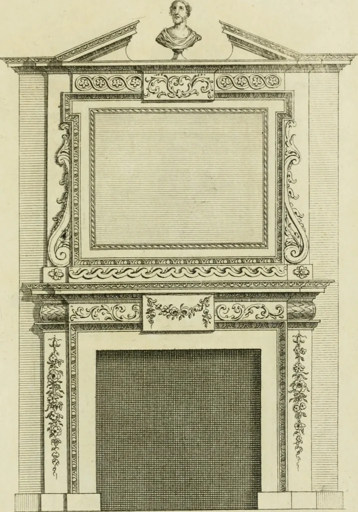 An illustration from Architecture improved, in a collection of modern, elegant and useful designs : from slight and graceful recesses, lodges and other decorations in parks, gardens, woods or forests, to the portico, bath, observatory, and interior ornaments of superb buildings : with great variety of rich embellishments for chimneys in the taste of Inigo Jones, Mr. Kent, &c. : all curiously engraved on fifty copper-plates, octavo, 1755, leaf 104