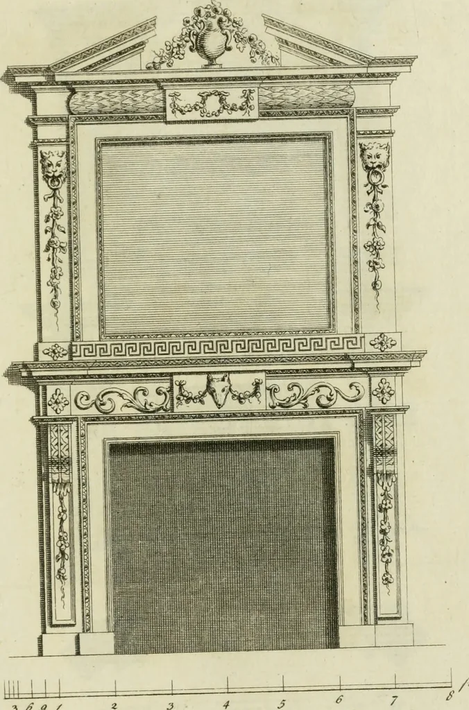 An illustration from Architecture improved, in a collection of modern, elegant and useful designs : from slight and graceful recesses, lodges and other decorations in parks, gardens, woods or forests, to the portico, bath, observatory, and interior ornaments of superb buildings : with great variety of rich embellishments for chimneys in the taste of Inigo Jones, Mr. Kent, &c. : all curiously engraved on fifty copper-plates, octavo, 1755, leaf 106