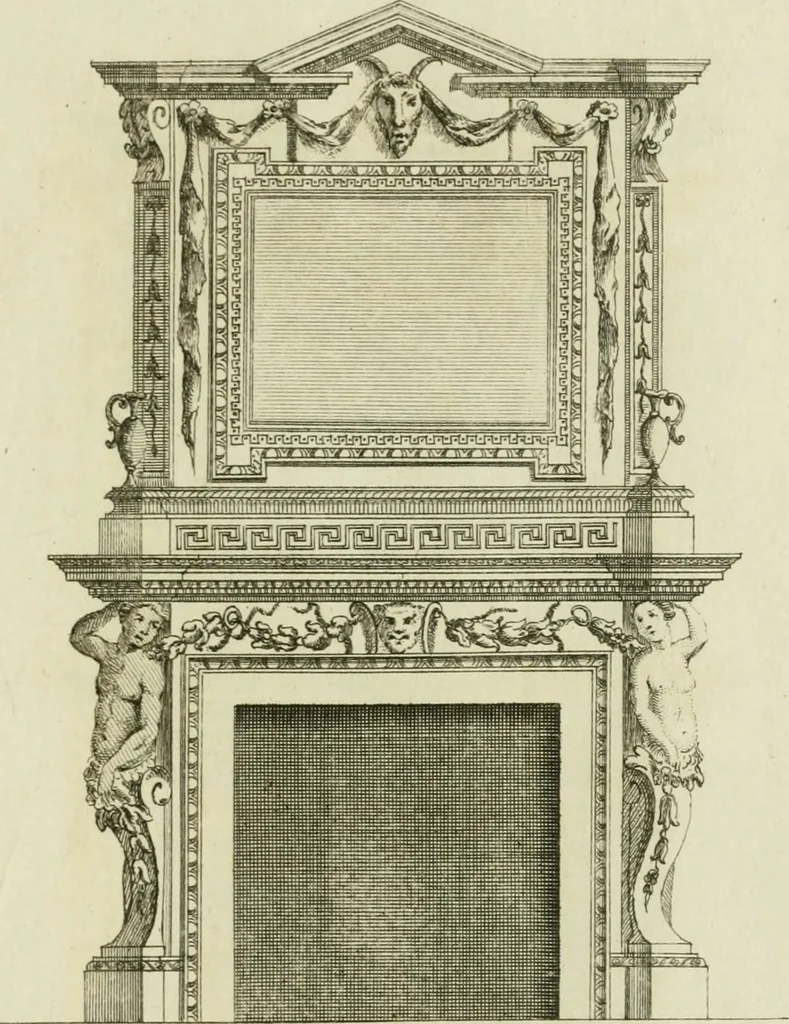 An illustration from Architecture improved, in a collection of modern, elegant and useful designs : from slight and graceful recesses, lodges and other decorations in parks, gardens, woods or forests, to the portico, bath, observatory, and interior ornaments of superb buildings : with great variety of rich embellishments for chimneys in the taste of Inigo Jones, Mr. Kent, &c. : all curiously engraved on fifty copper-plates, octavo, 1755, leaf 108