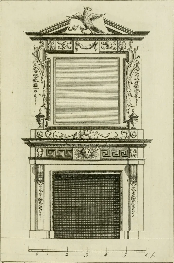 An illustration from Architecture improved, in a collection of modern, elegant and useful designs : from slight and graceful recesses, lodges and other decorations in parks, gardens, woods or forests, to the portico, bath, observatory, and interior ornaments of superb buildings : with great variety of rich embellishments for chimneys in the taste of Inigo Jones, Mr. Kent, &c. : all curiously engraved on fifty copper-plates, octavo, 1755, leaf 110