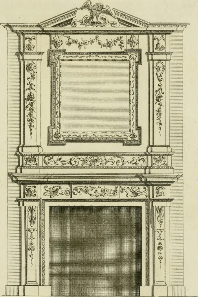 An illustration from Architecture improved, in a collection of modern, elegant and useful designs : from slight and graceful recesses, lodges and other decorations in parks, gardens, woods or forests, to the portico, bath, observatory, and interior ornaments of superb buildings : with great variety of rich embellishments for chimneys in the taste of Inigo Jones, Mr. Kent, &c. : all curiously engraved on fifty copper-plates, octavo, 1755, leaf 112