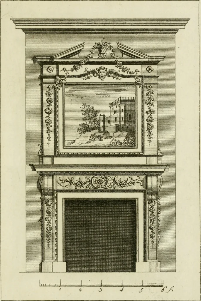 An illustration from Architecture improved, in a collection of modern, elegant and useful designs : from slight and graceful recesses, lodges and other decorations in parks, gardens, woods or forests, to the portico, bath, observatory, and interior ornaments of superb buildings : with great variety of rich embellishments for chimneys in the taste of Inigo Jones, Mr. Kent, &c. : all curiously engraved on fifty copper-plates, octavo, 1755, leaf 114