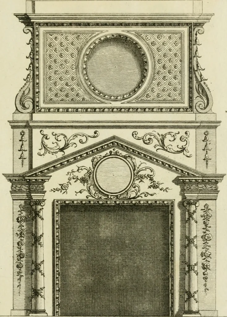 An illustration from Architecture improved, in a collection of modern, elegant and useful designs : from slight and graceful recesses, lodges and other decorations in parks, gardens, woods or forests, to the portico, bath, observatory, and interior ornaments of superb buildings : with great variety of rich embellishments for chimneys in the taste of Inigo Jones, Mr. Kent, &c. : all curiously engraved on fifty copper-plates, octavo, 1755, leaf 116