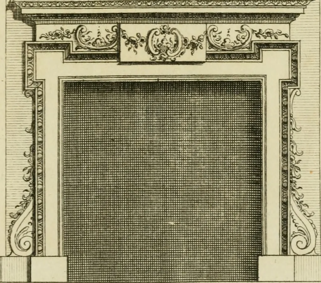 An illustration from Architecture improved, in a collection of modern, elegant and useful designs : from slight and graceful recesses, lodges and other decorations in parks, gardens, woods or forests, to the portico, bath, observatory, and interior ornaments of superb buildings : with great variety of rich embellishments for chimneys in the taste of Inigo Jones, Mr. Kent, &c. : all curiously engraved on fifty copper-plates, octavo, 1755, leaf 118
